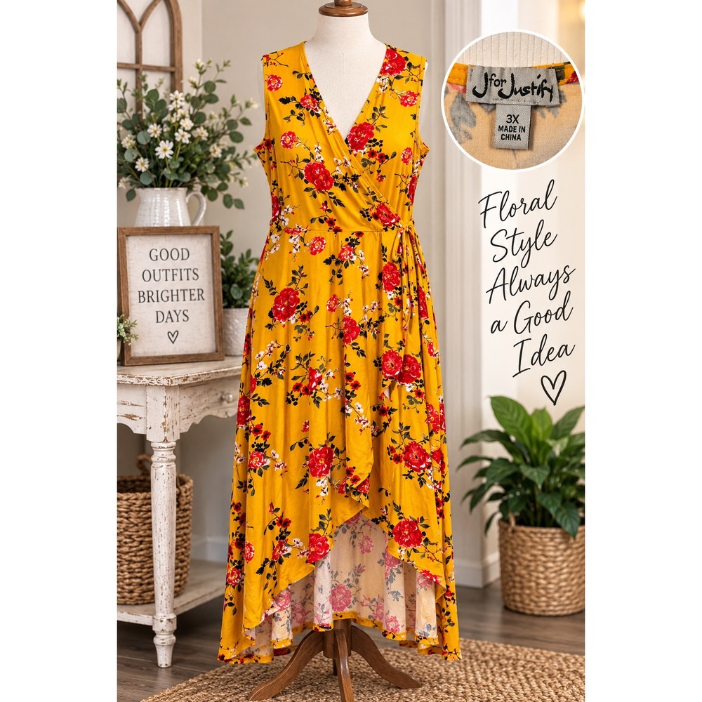 J for Justify Mustard Yellow Floral High Low Maxi Dress Plus Size 3X